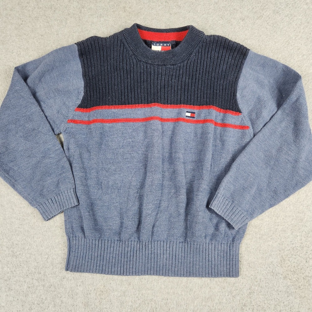 Tommy Hilfiger Sweater Boys 5 Blue Navy Ribbed Knitted Crewneck Logo Pullover